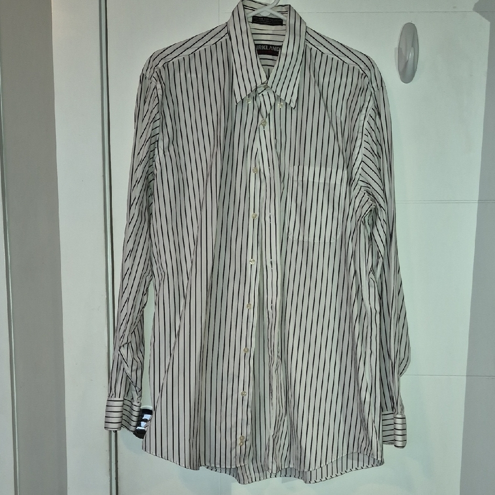 Kirkland Signature Men's White Shirt with Black Pinstripes